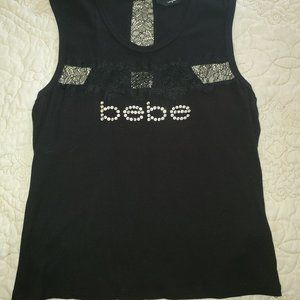 Bebe Black Tank Top with see-through lace and rhinestone logo